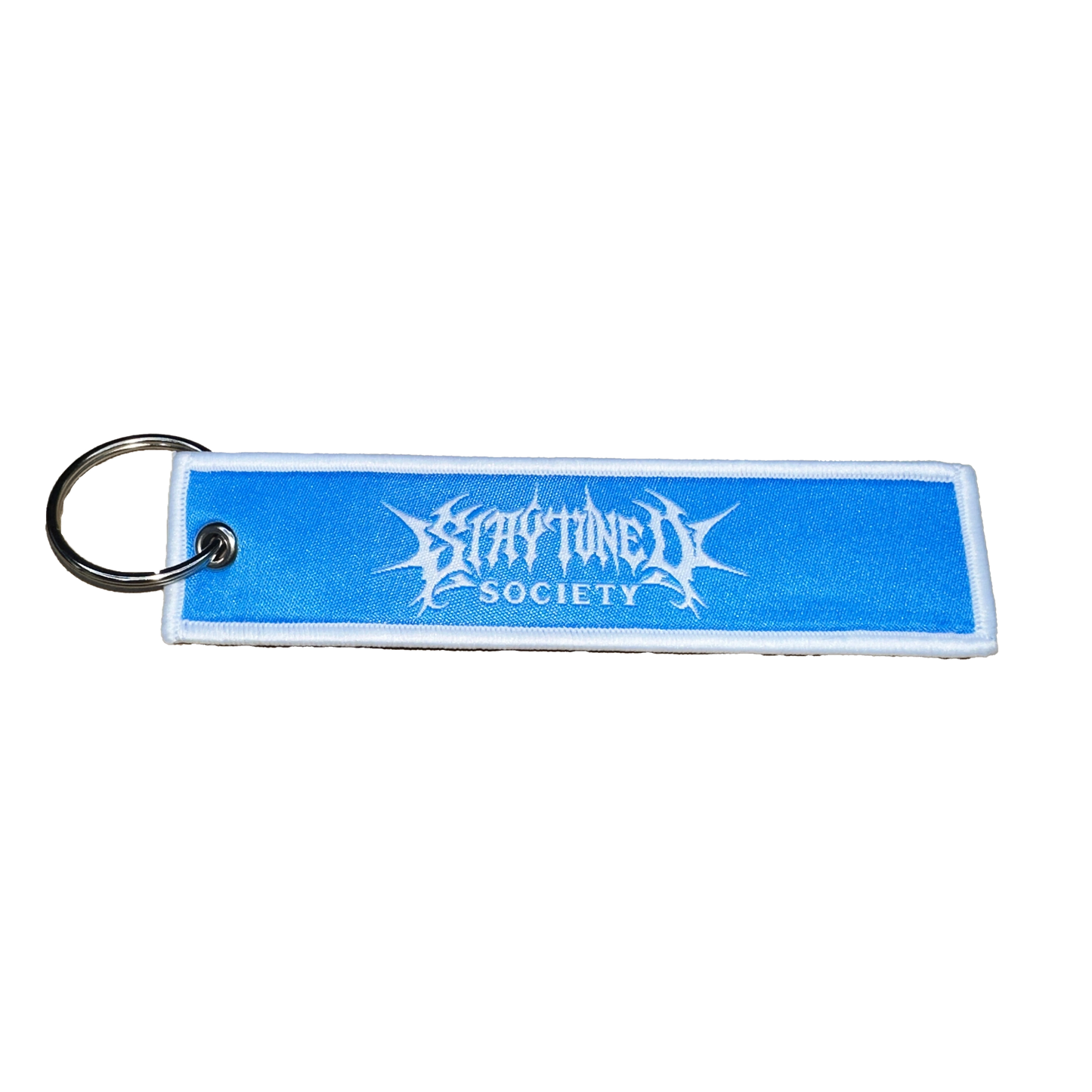 StayTuned Woven Jet Tag Keychain – Premium Woven Logo + Embroidered Edge