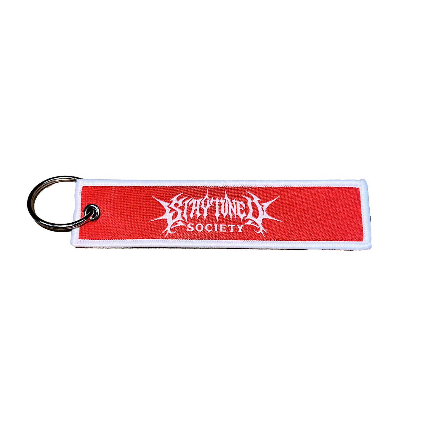 StayTuned Woven Jet Tag Keychain – Premium Woven Logo + Embroidered Edge