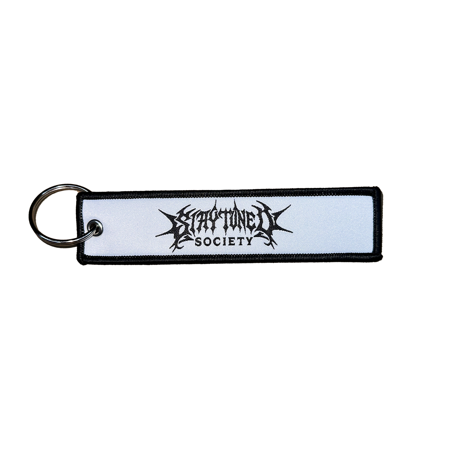 StayTuned Woven Jet Tag Keychain – Premium Woven Logo + Embroidered Edge